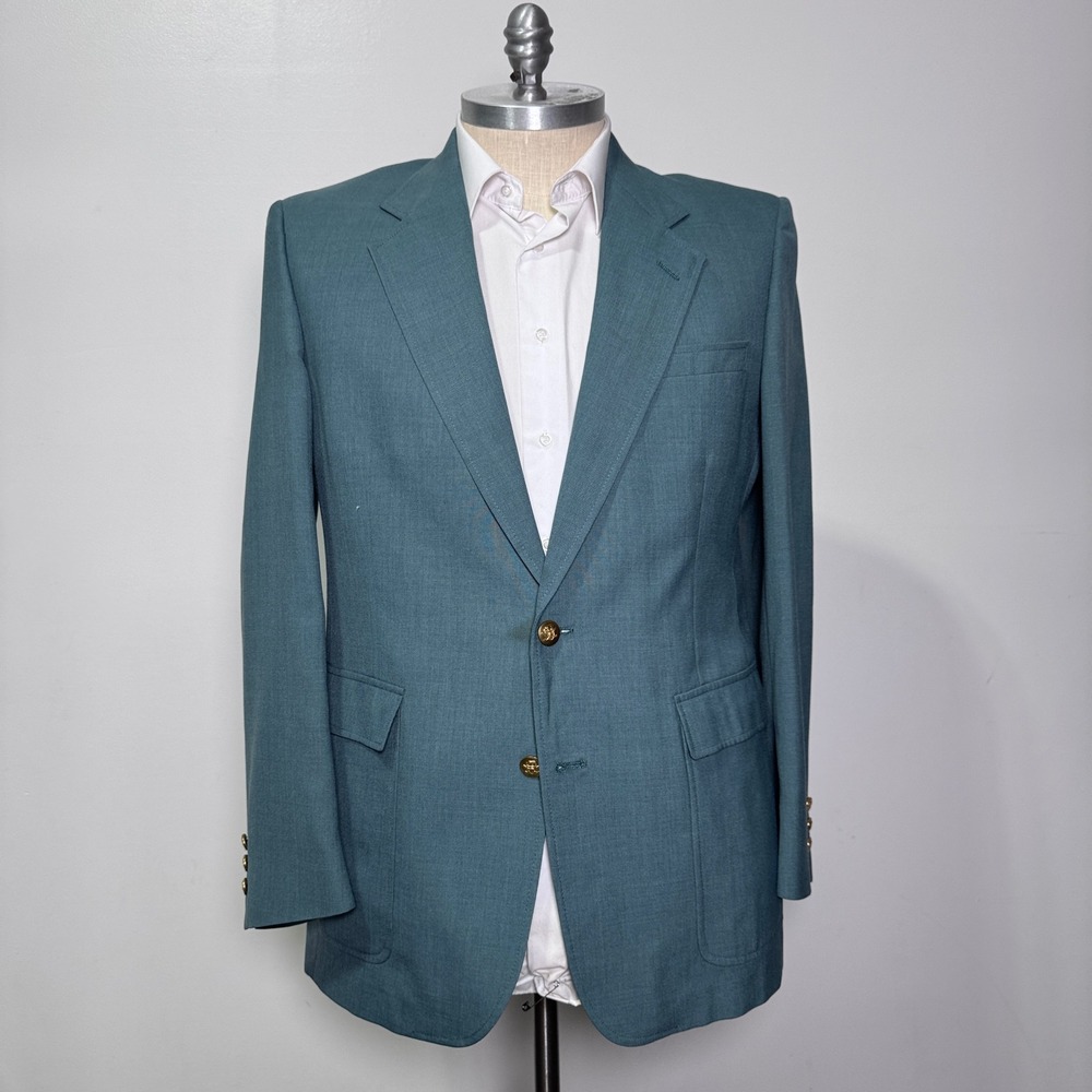 Hart Schaffner & Marx Blazer Mens 44L Teal Green Solid Wool Two Button Vintage‎
